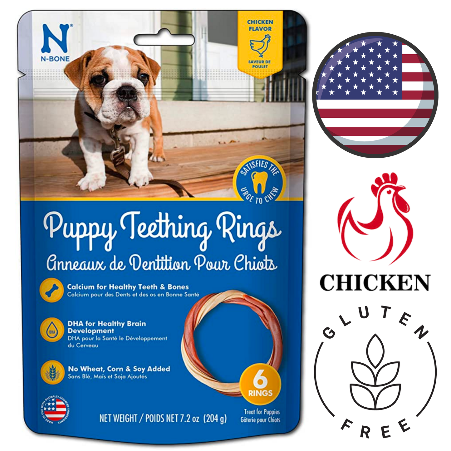 NPIC Puppy Chicken Flavour Teething Rings 6.12 Oz, specially designed for teething puppies. Made with chicken flavor to satisfy chewing needs and promote dental health.