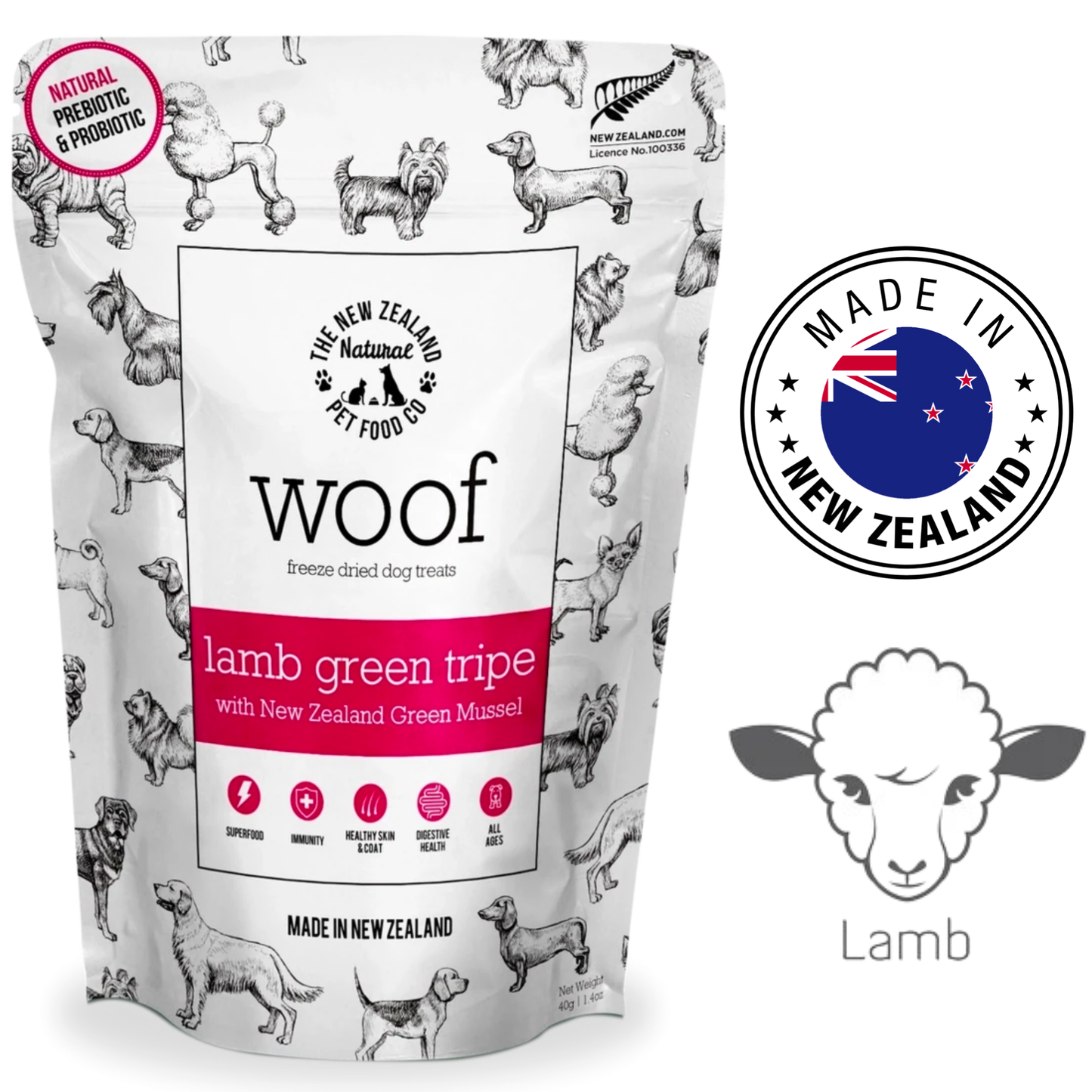 NZPF Woof Lamb Green Tripe with Green Lipped Mussels Freeze Dried Dog Treats 40 Grams, nutritious treats for dogs. Made with lamb green tripe and green-lipped mussels for a healthy snack.