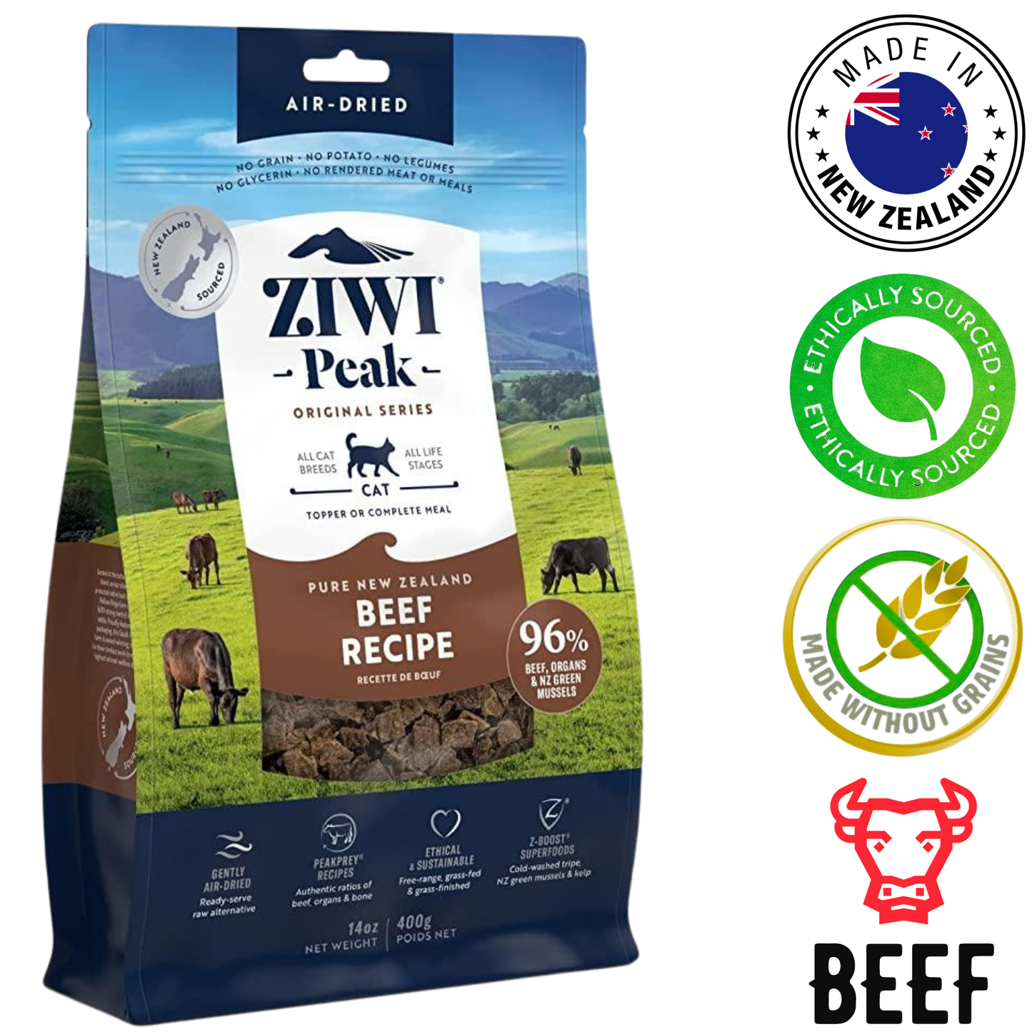ZIWI Beef Air Dried Cat Food, 400 Grams, a high-quality diet that offers essential nutrients for cats.