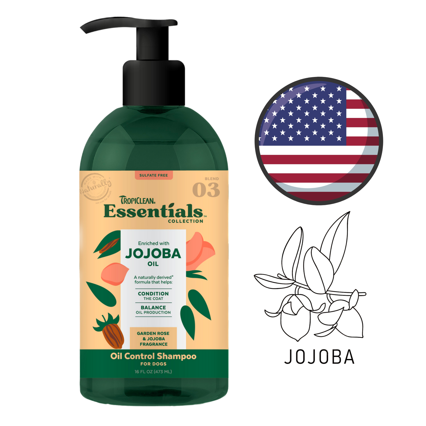 TropiClean Essentials Jojoba Oil & Garden Rose Dog Shampoo, 16 Oz, cleans and deodorizes your dog's coat. Available at North York pet stores.