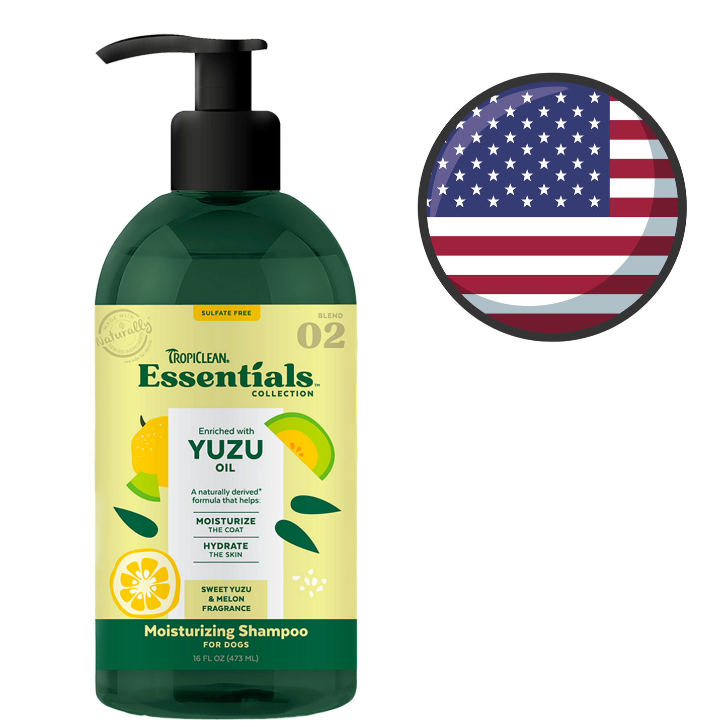 TropiClean Essentials Yuzu Fruit & Melon Dog Shampoo, 16 Oz, cleans and freshens your dog's coat. Available at North York pet stores.