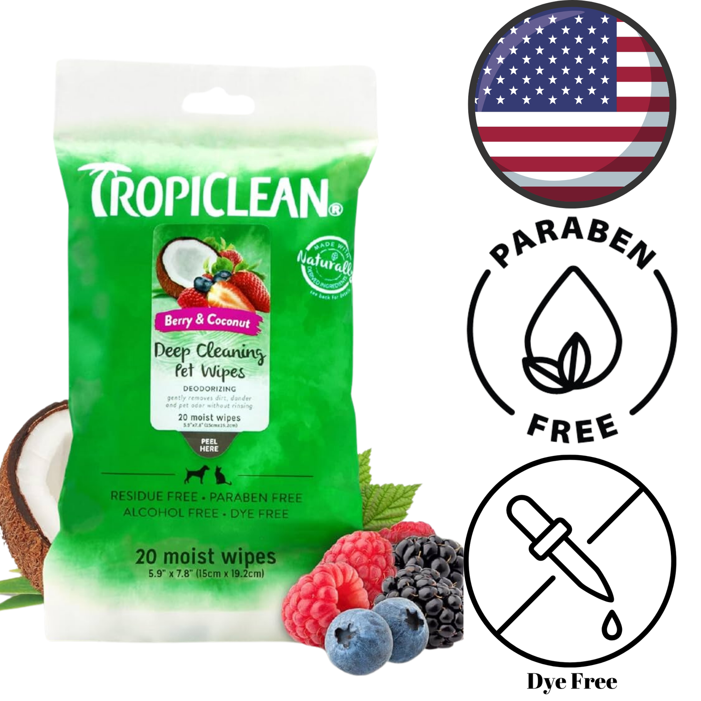 TropiClean Berry & Coconut Deep Cleaning Pet Wipes, 20 Pack, provides thorough cleaning. Available at North York pet stores.