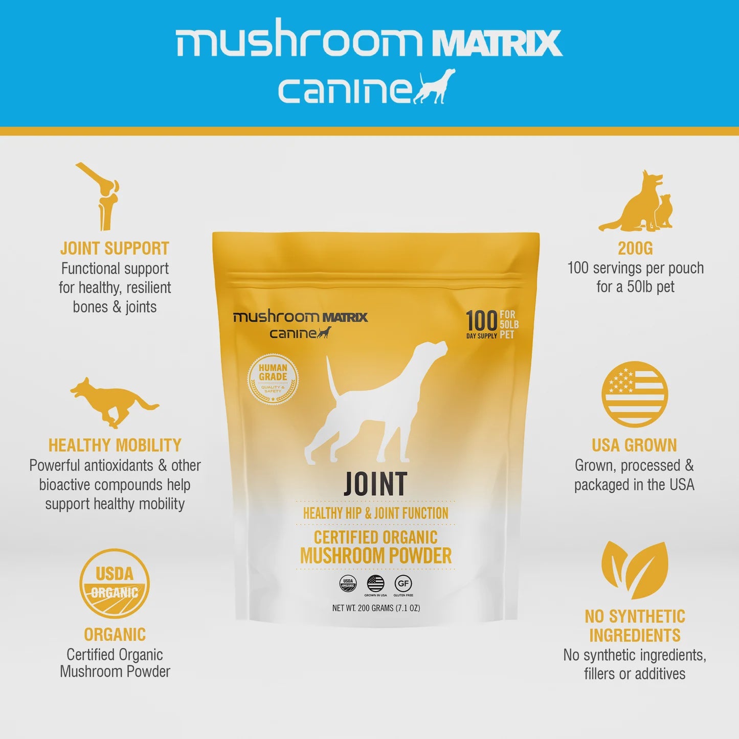 Canine Matrix Joint Flexibility Matrix Dog and Cat 100g, an easy-to-mix powder blend made from high-quality ingredients, supports healthy joints and mobility with naturally occurring glucosamine and antioxidants like l-ergothioneine, helps maintain normal inflammatory responses and joint flexibility for active and comfortable pets.
