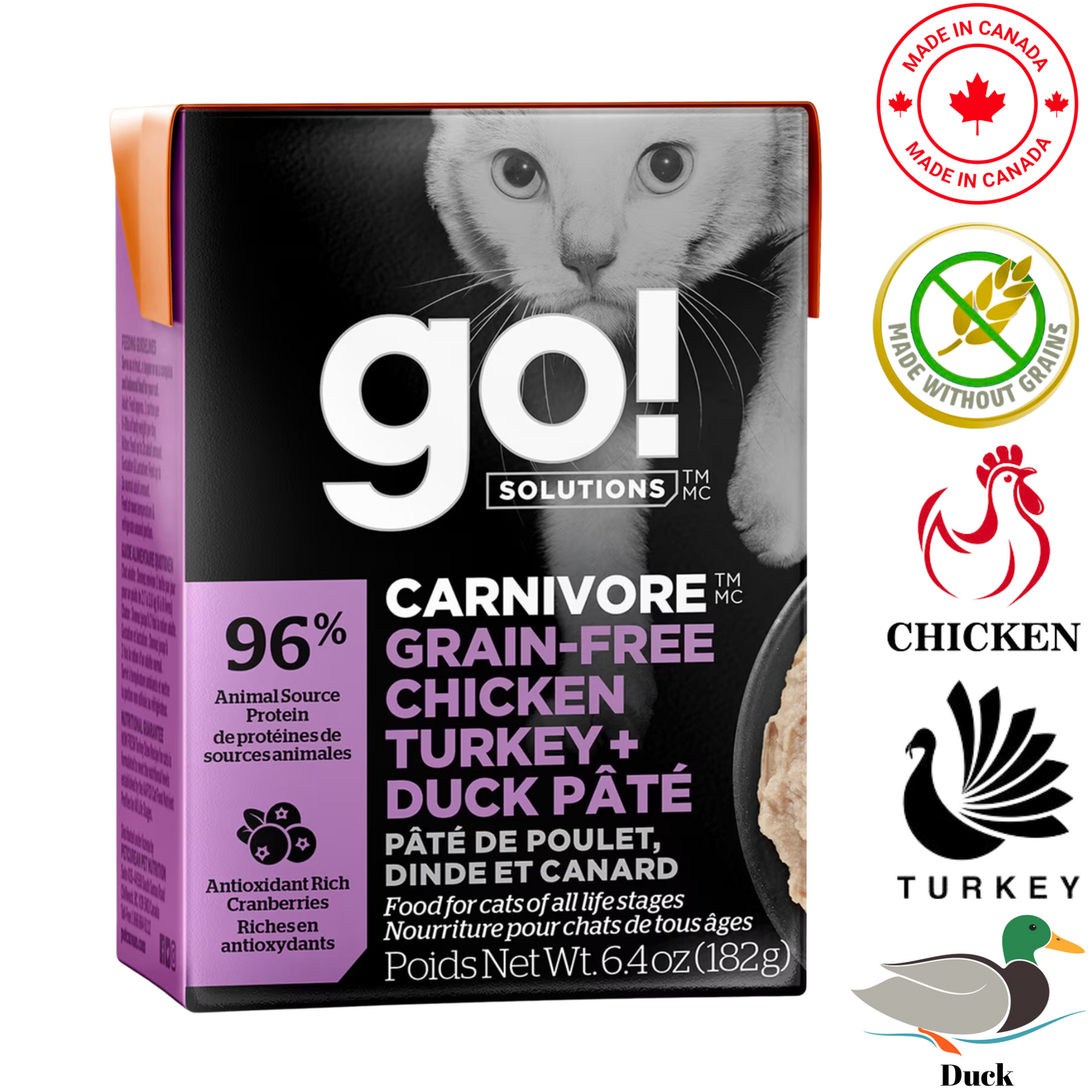 Go! Solutions - Carnivore Grain Free Chicken, Turkey + Duck Pate Wet Cat Food - 6.4 Oz