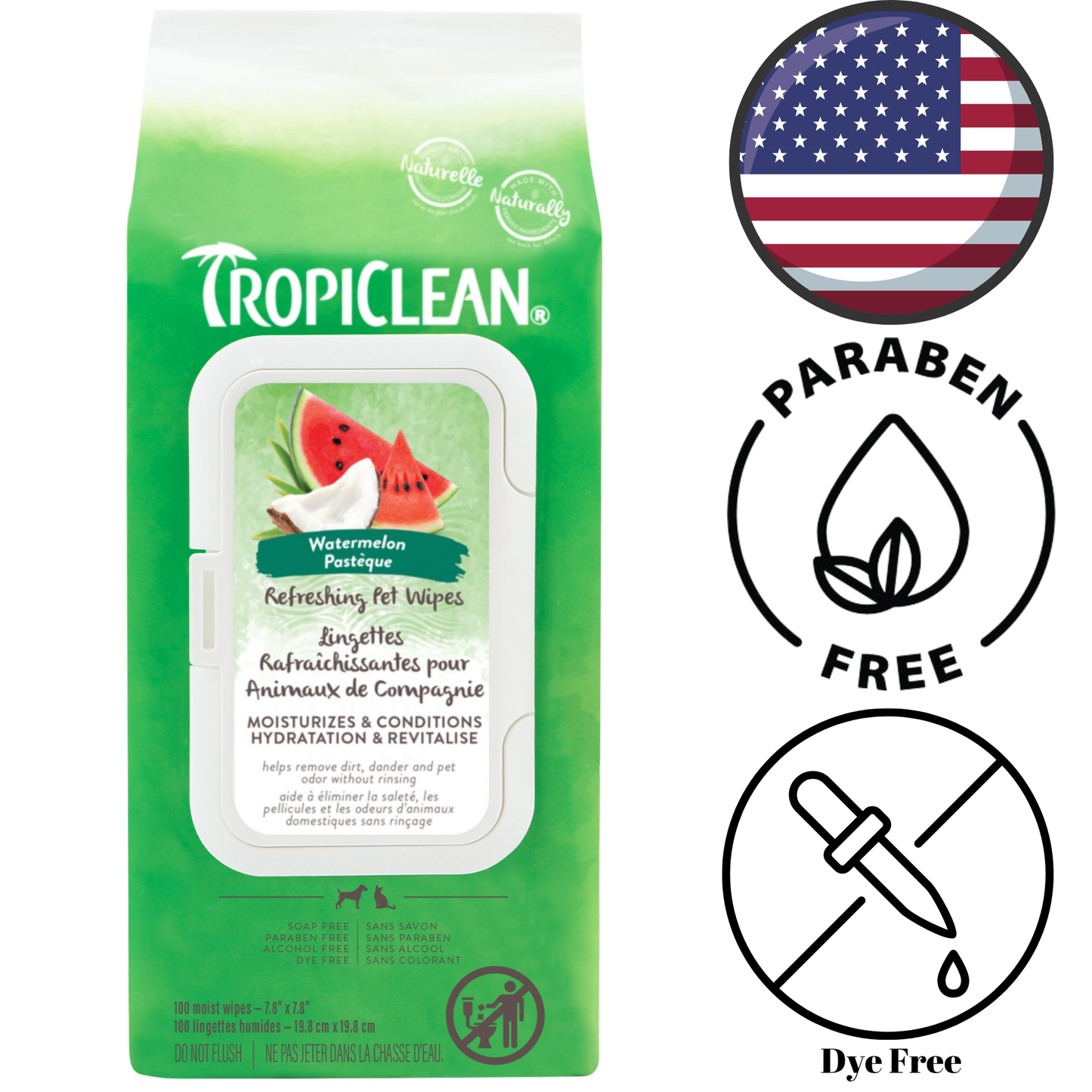 TropiClean - Watermelon Refreshing 2 In 1 Pet Wipes - 100 Pack