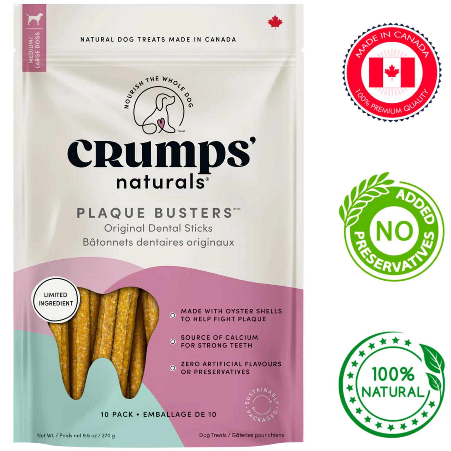 Crumps' Natural - Plaque Busters Original Dental Sticks Dog Treats - 270 Grams
