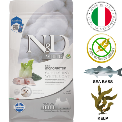 Farmina - Soft & Shiny White Coat Sea Bass & Kelp Adult Mini Dry Dog Food - 4.4 lb