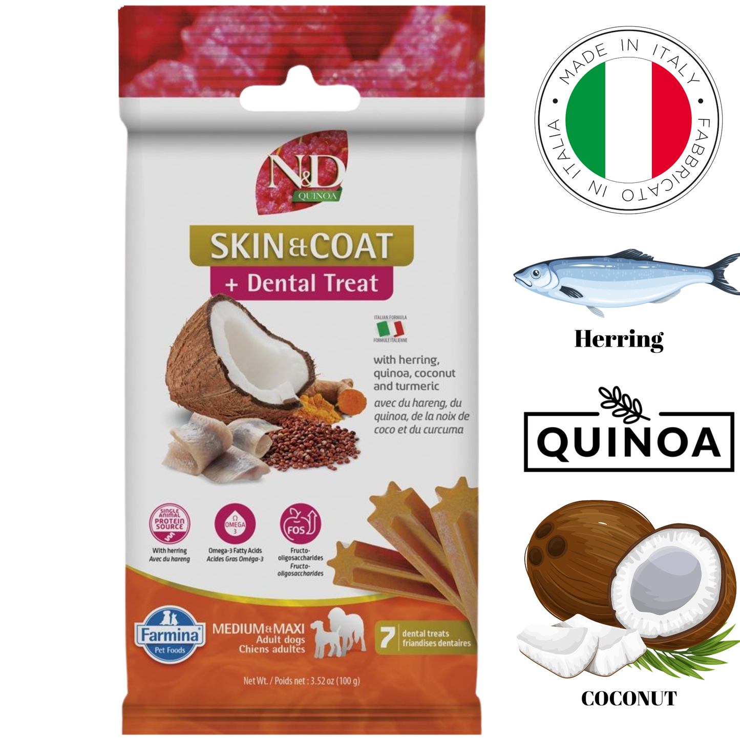Farmina - Skin & Coat Herring & Quinoa Medium & Maxi Dental Dog Treats - 100 Grams