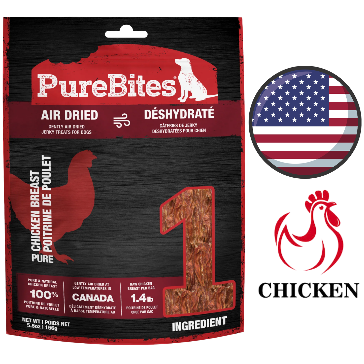 PureBites - Chicken Jerky Air Dried Dog Treats - 156 Grams