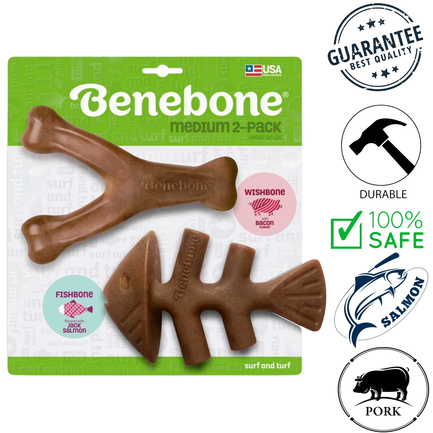 Benebone - Bacon Fishbone/Wishbone Dog Chew Treat Medium - 2 Pack
