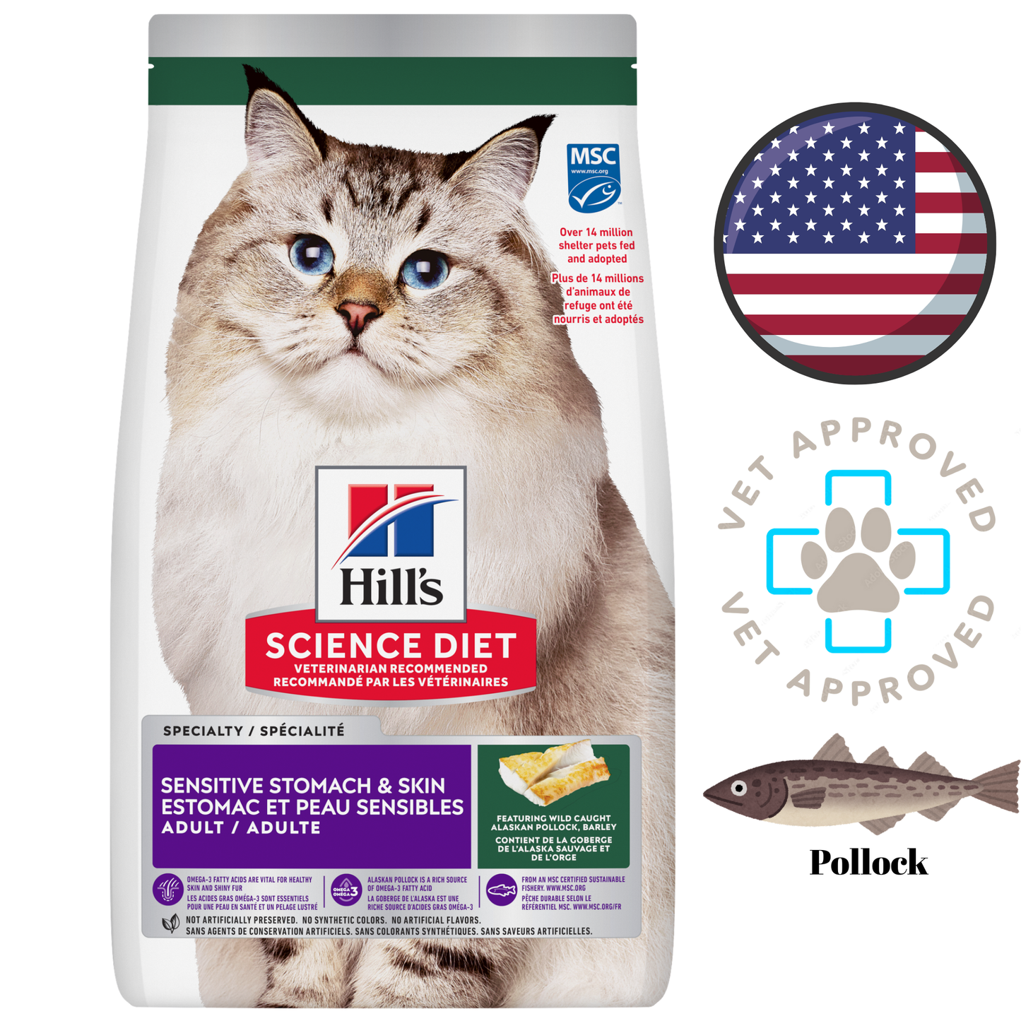Hill's Science Diet - Sensitive Stomach & Skin Pollock & Barley Dry Cat Food - 3.5 lb