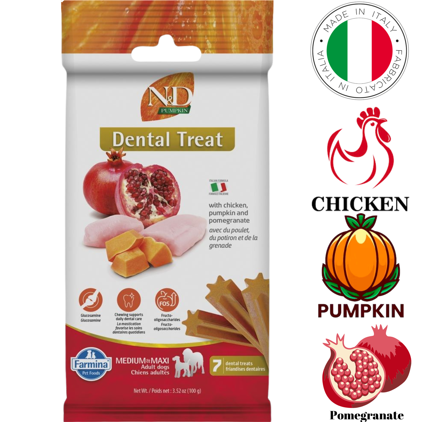 Farmina - Pumpkin Chicken & Pomegranate Medium & Maxi Dental Dog Treats - 100 Grams