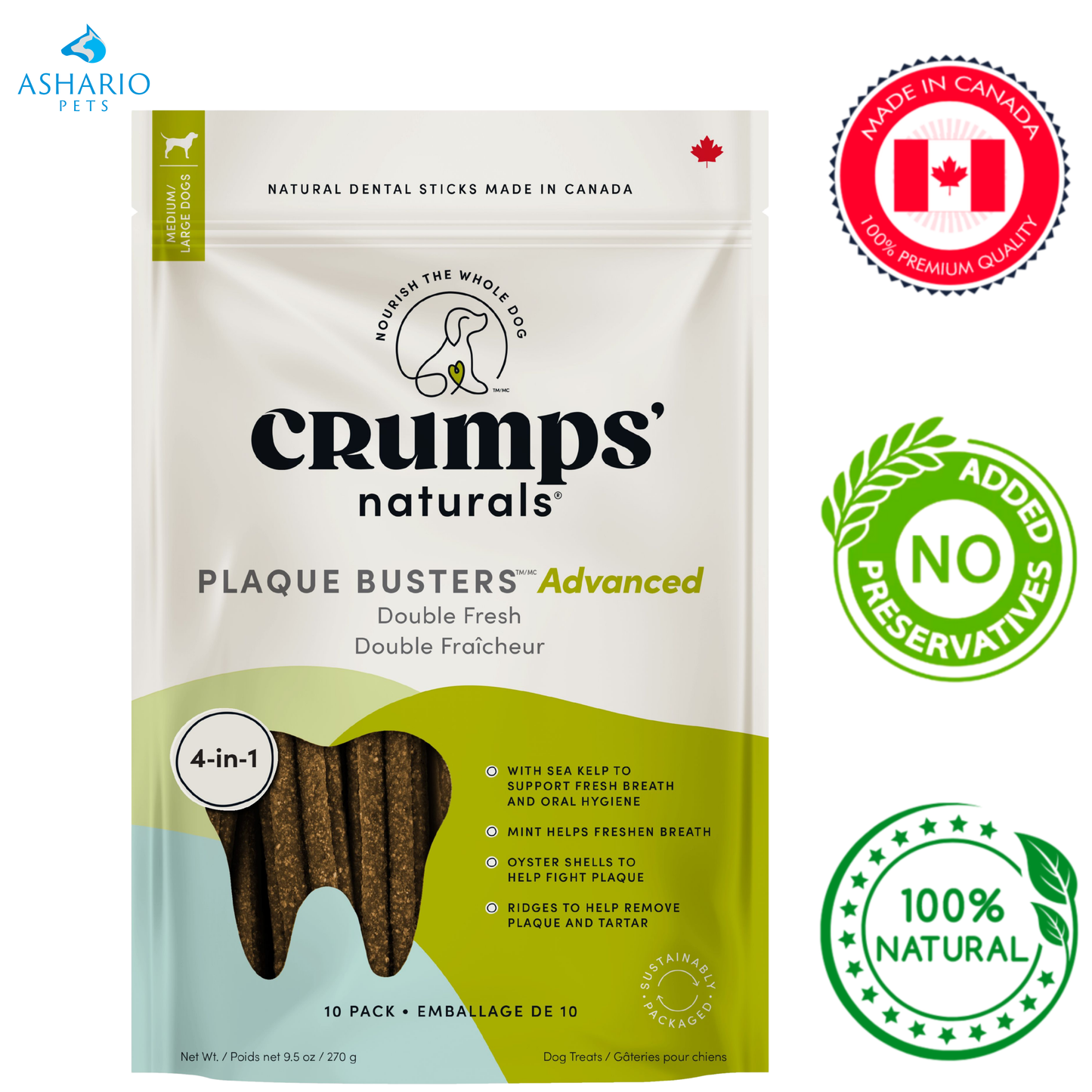 Crumps' Natural - Plaque Busters Advanced Double Fresh Dental Sticks With Sea Kelp & Mint Dog Treats