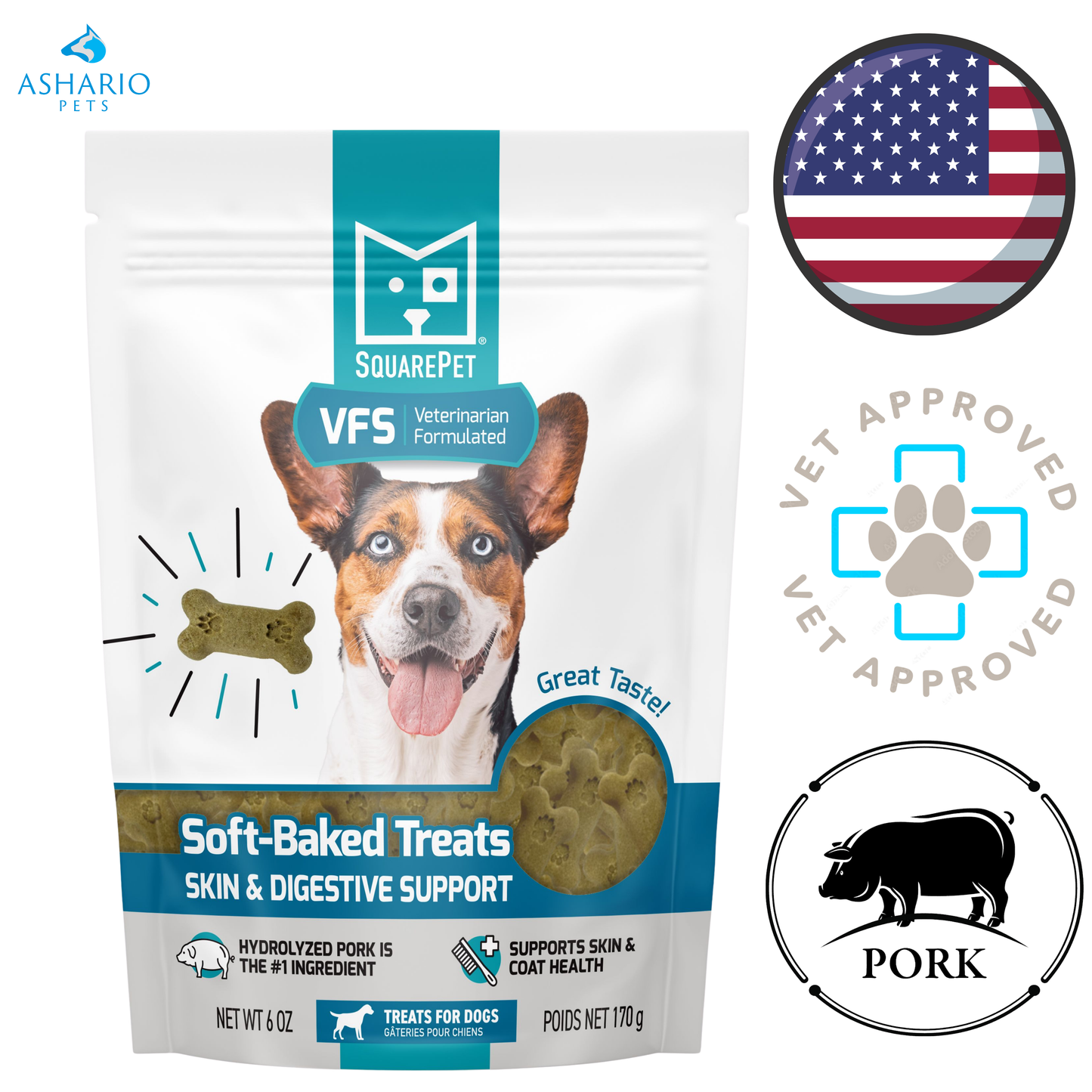 SquarePet - 皮肤和消化支持软烤狗零食 - 170克
