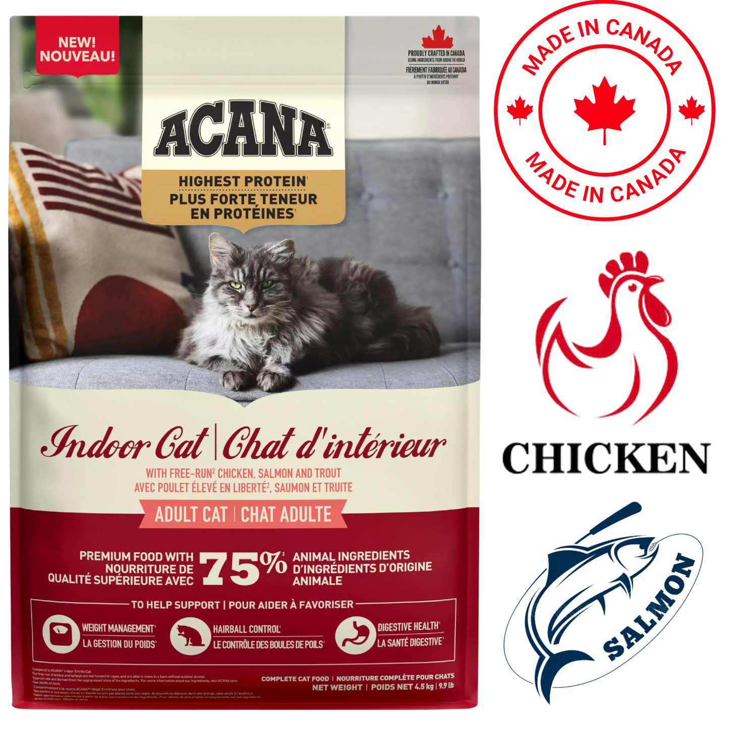 Acana - 高蛋白室内成年猫干粮 - 4 磅