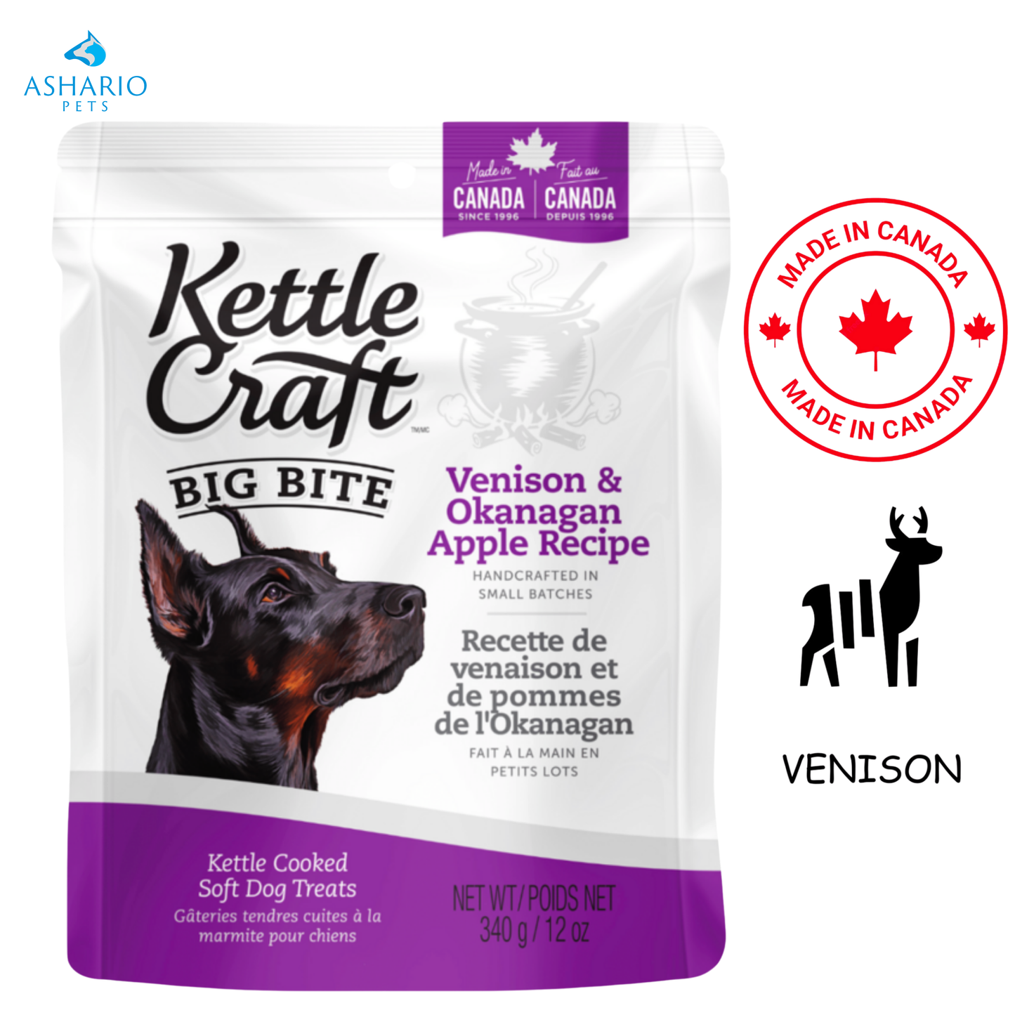 Kettle Craft - Friandises pour chiens Big Bite au chevreuil et à la pomme de l'Okanagan - 340 grammes