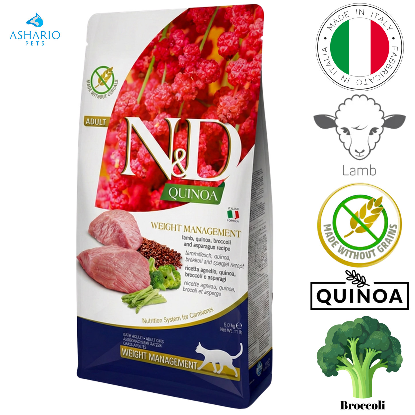 Farmina - Croquettes pour chats à l'agneau et au quinoa pour la gestion du poids - 3,3 lb, 11 lb
