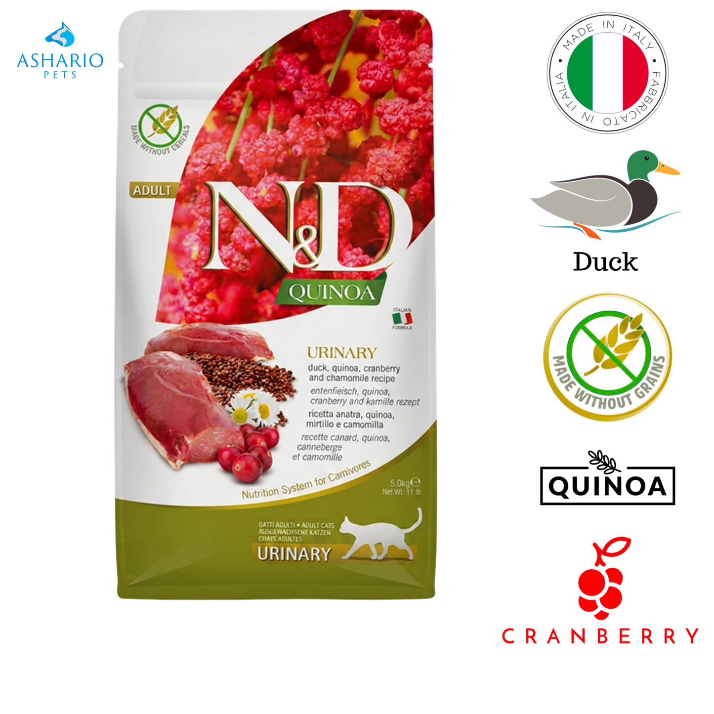 Farmina - Croquettes pour chats au canard et au quinoa urinaires - 3,3 lb, 11 lb