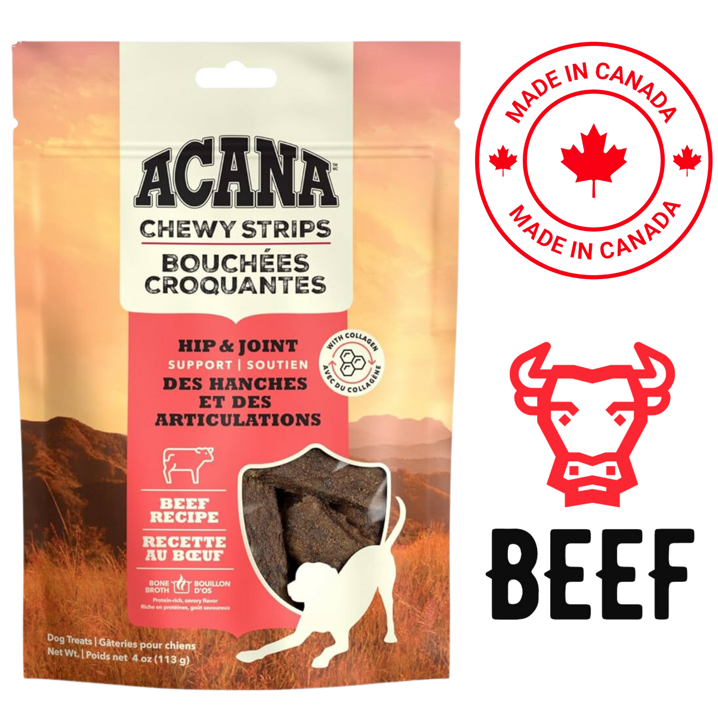 Acana - Chewy Strips Hip & Joint Support Beef Dog Treats - 113 Grams