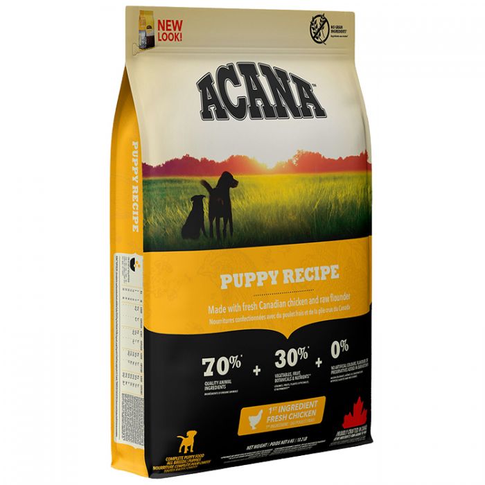 Acana chicken puppy food in a bag showcasing the nutritious puppy recipe with fresh Canadian chicken