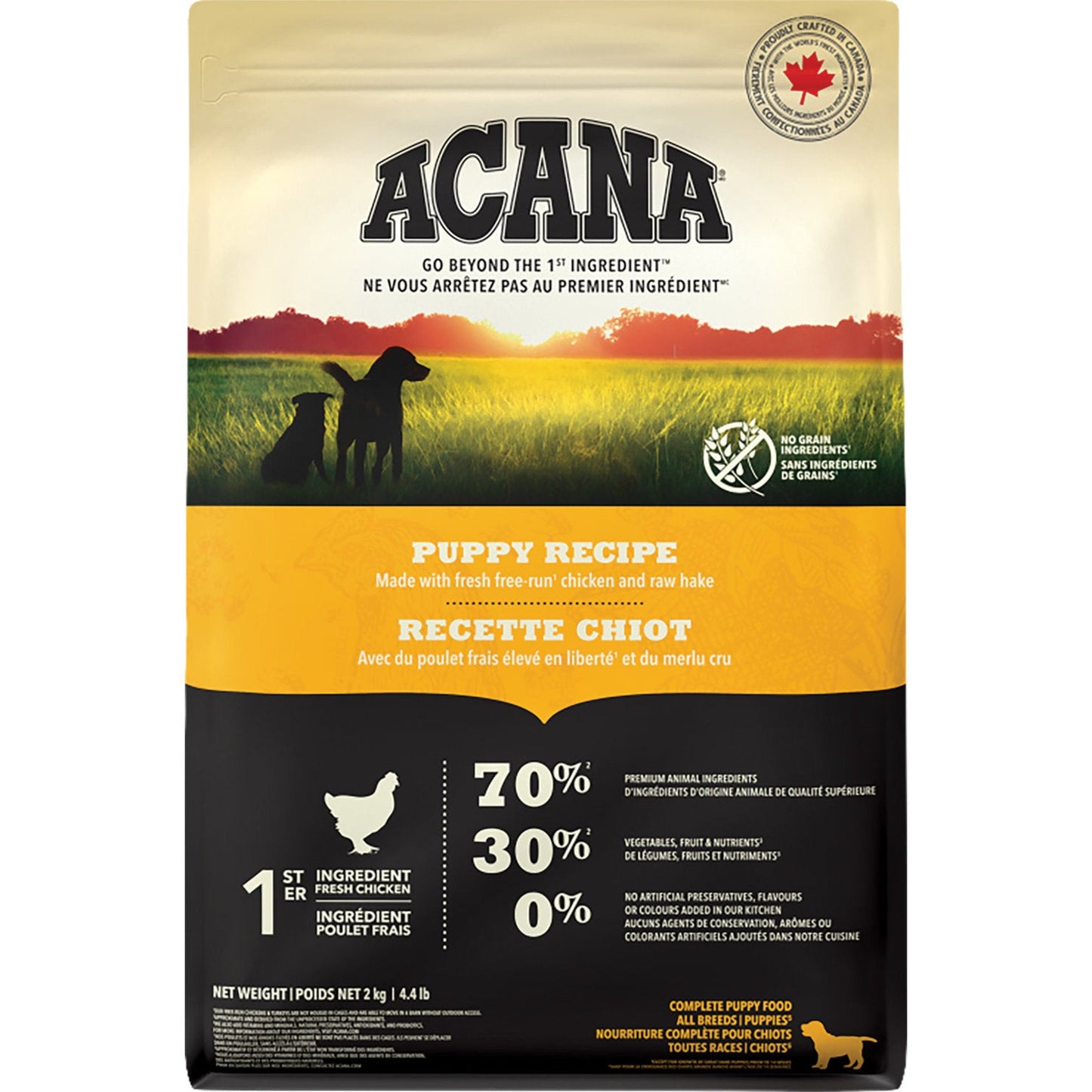Acana chicken puppy food in a 12kg bag featuring fresh chicken and wholesome ingredients for growing puppies
