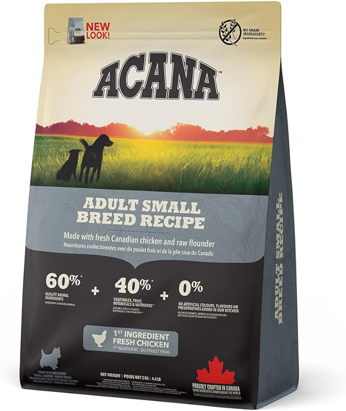 Acana chicken small breed dog food made with fresh Canadian chicken and raw flounder for adult dogs
