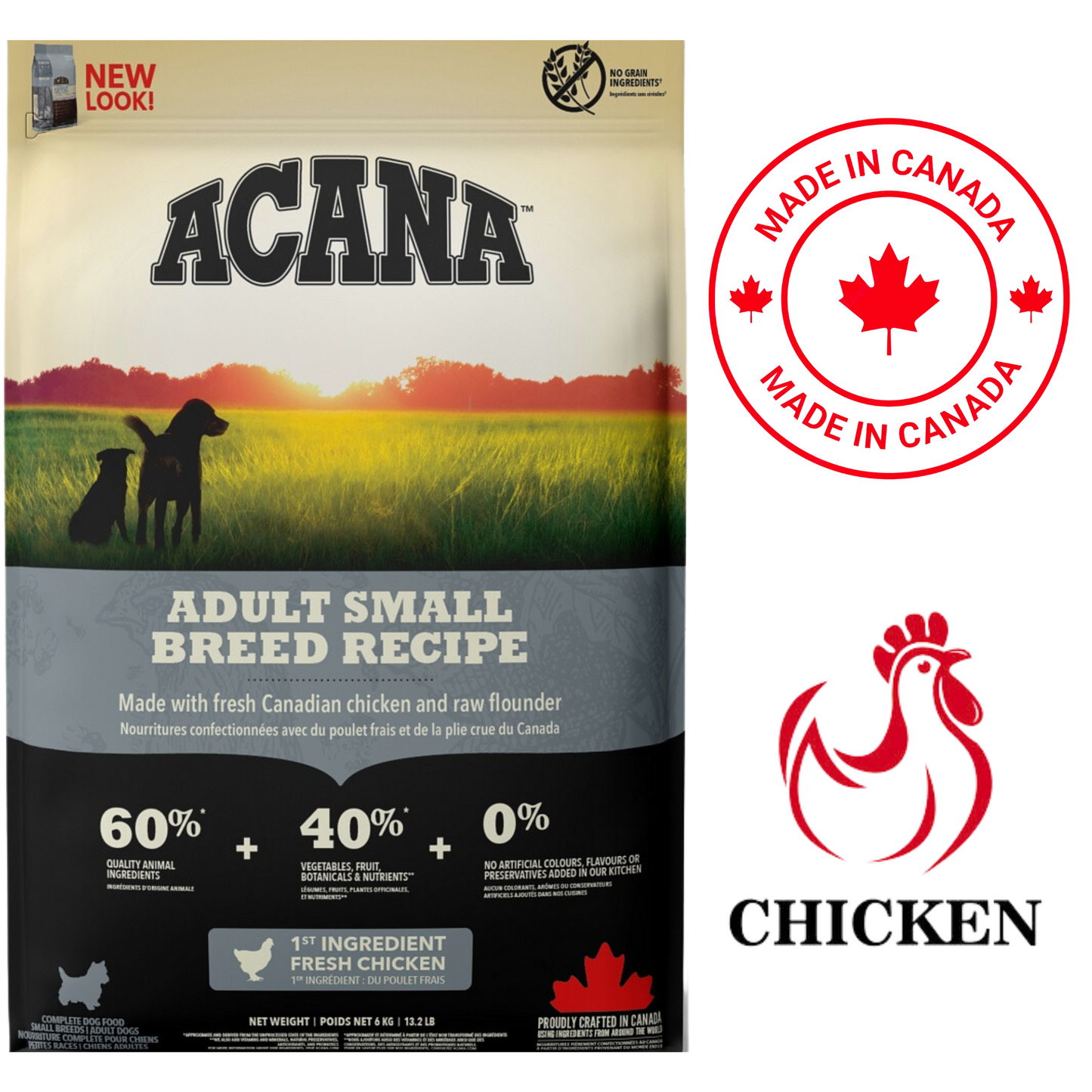 Acana chicken small breed dog food in a large bag featuring Canadian ingredients and nutrition details.