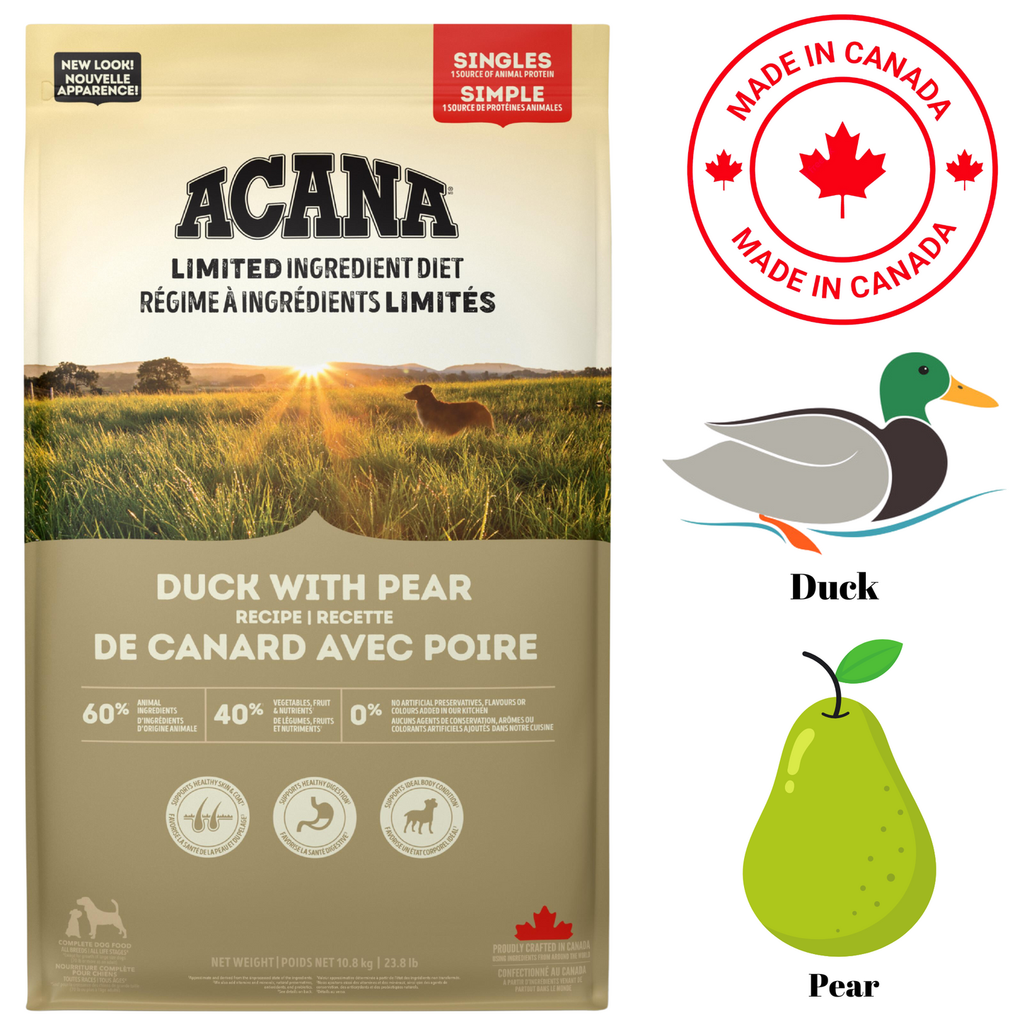 Acana duck and pear dog food in a grain-free formula with high-quality ingredients for dogs