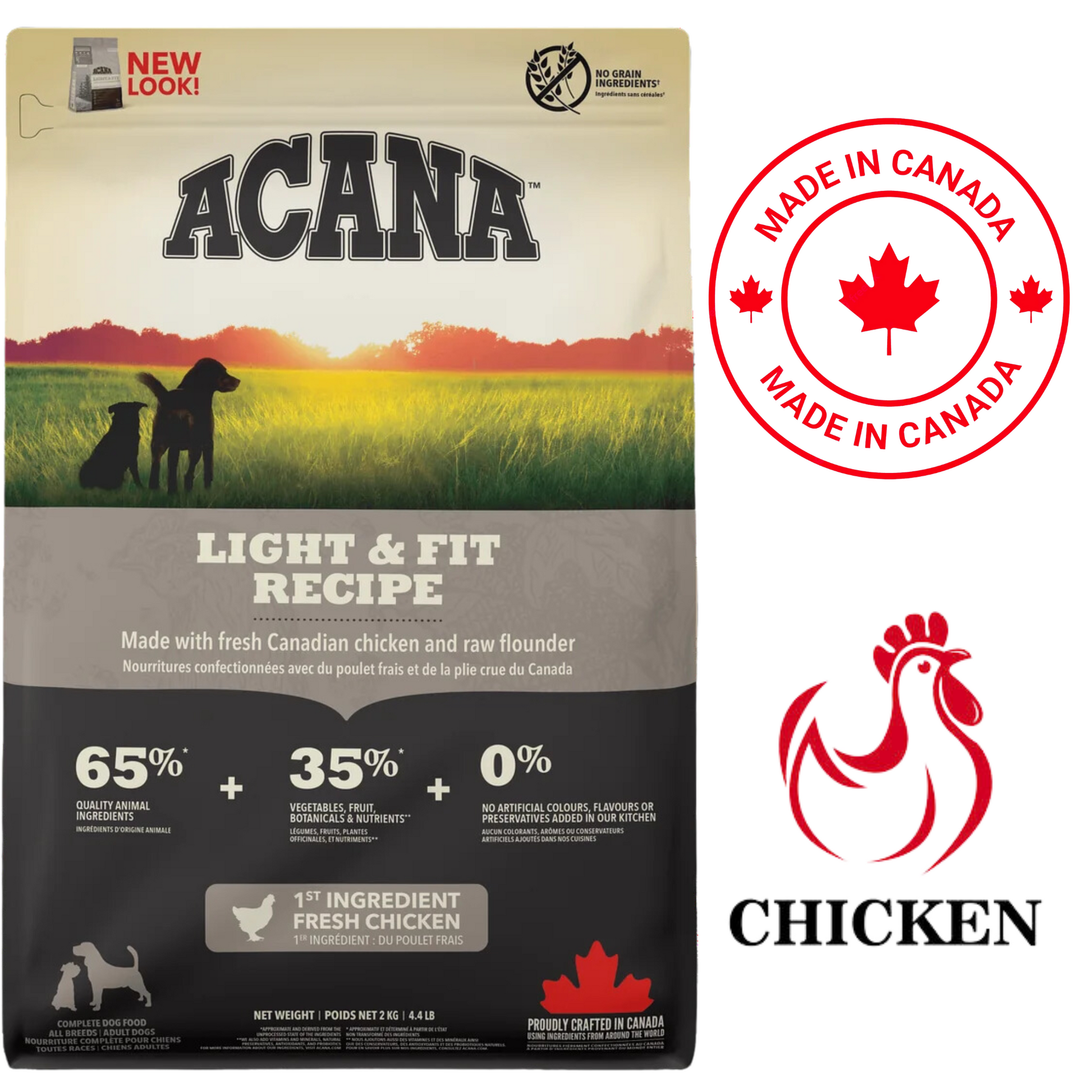 Acana Light & Fit chicken dog food bag featuring fresh Canadian chicken as the primary ingredient