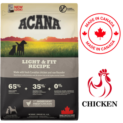 Acana Light & Fit chicken dog food bag featuring fresh Canadian chicken as the primary ingredient