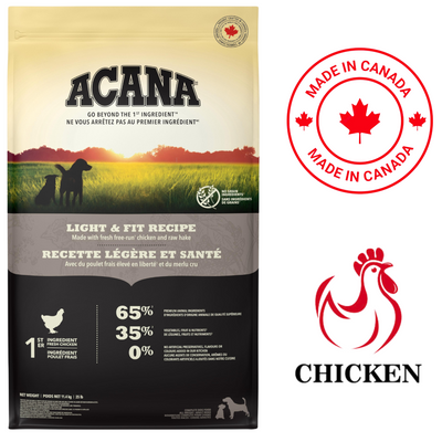 Acana Light & Fit chicken dog food bag featuring fresh chicken and high-quality ingredients