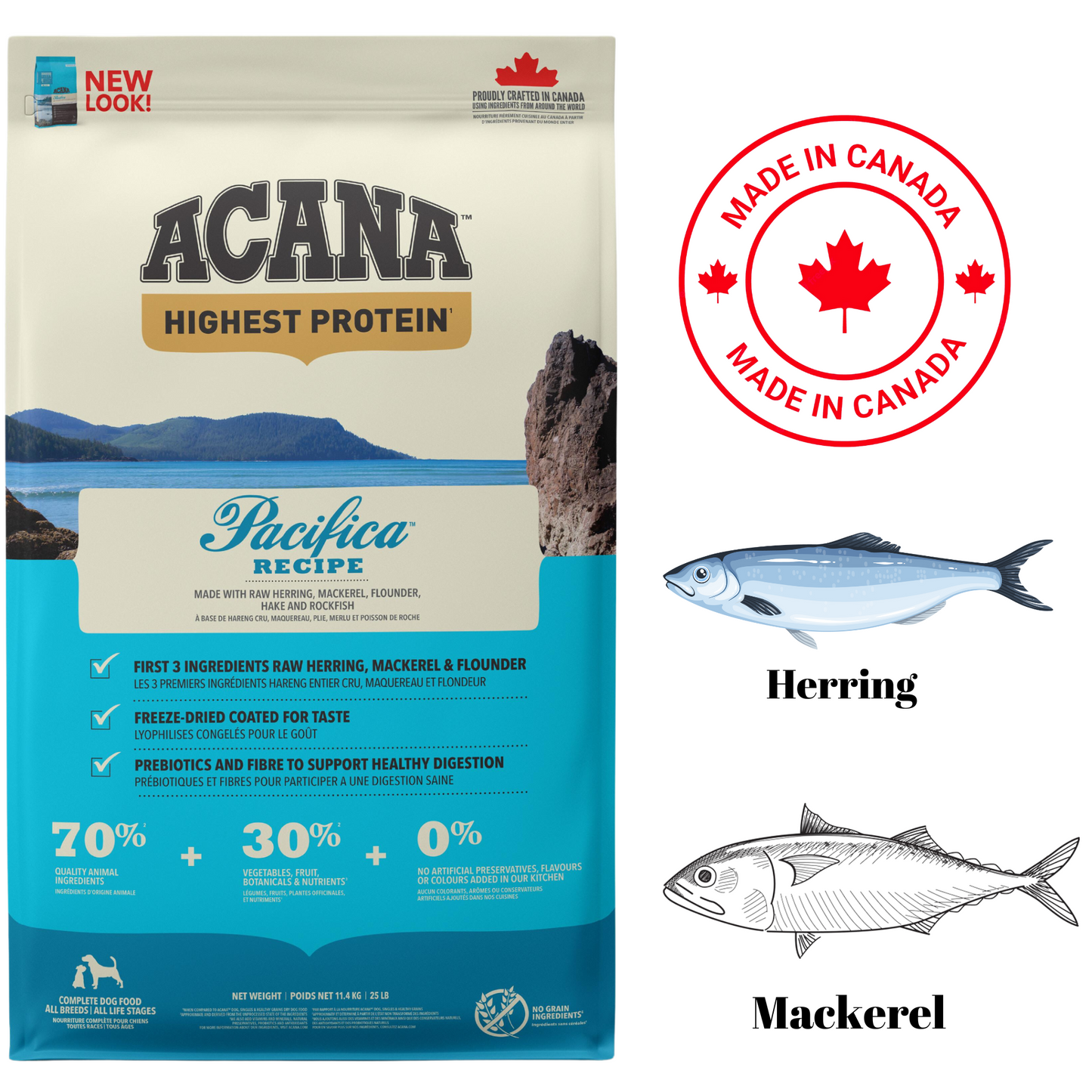 Acana Pacifica dog food bag featuring herring and mackerel ingredients for healthy digestion