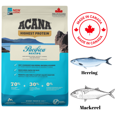 Acana Pacifica dog food made in Canada with herring and mackerel, high protein for healthy nutrition