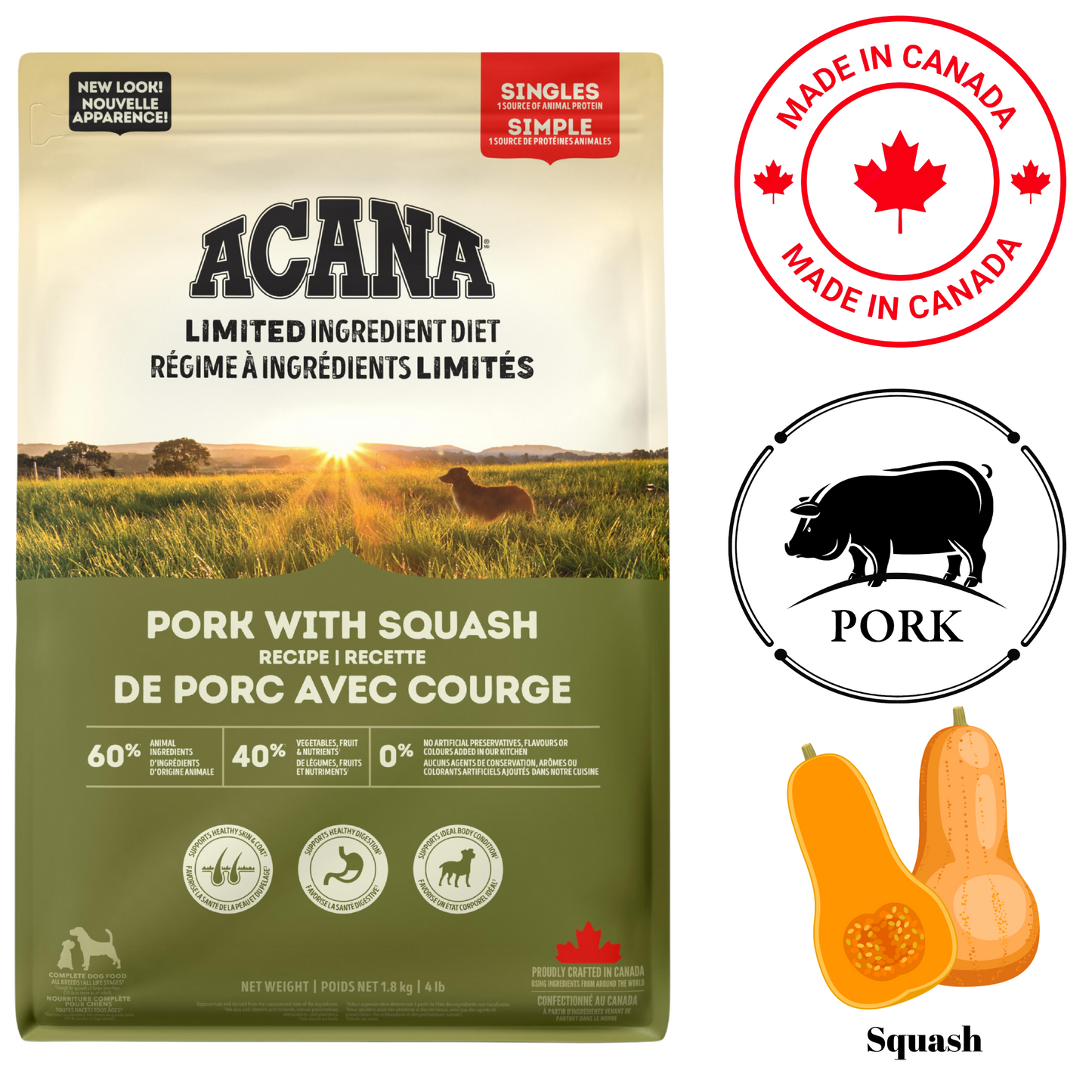 Acana Pork and Squash Dry Dog Food featuring a limited ingredient diet and high protein content