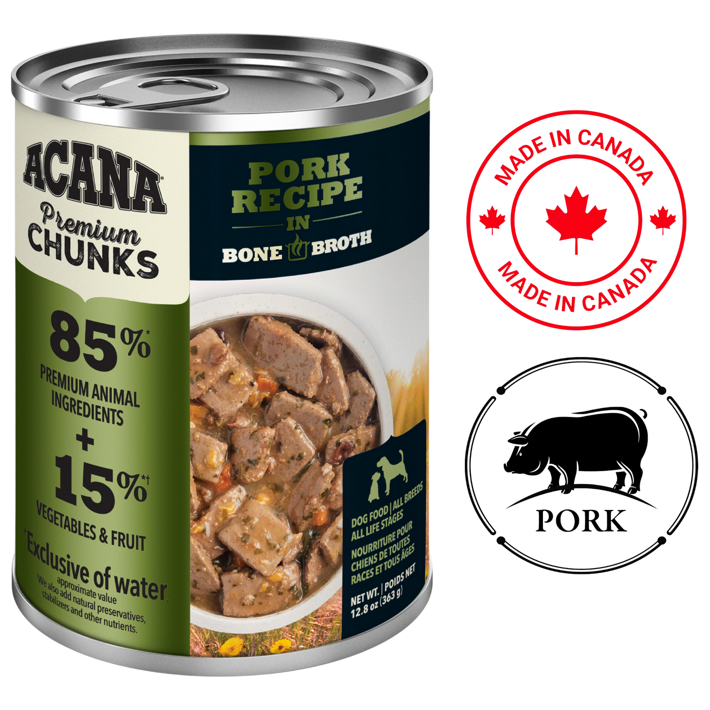 Acana pork bone broth dog food in a can with premium animal ingredients and vegetables