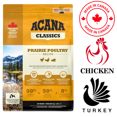 Acana Prairie Poultry adult dog food with chicken and turkey, made in Canada for balanced nutrition