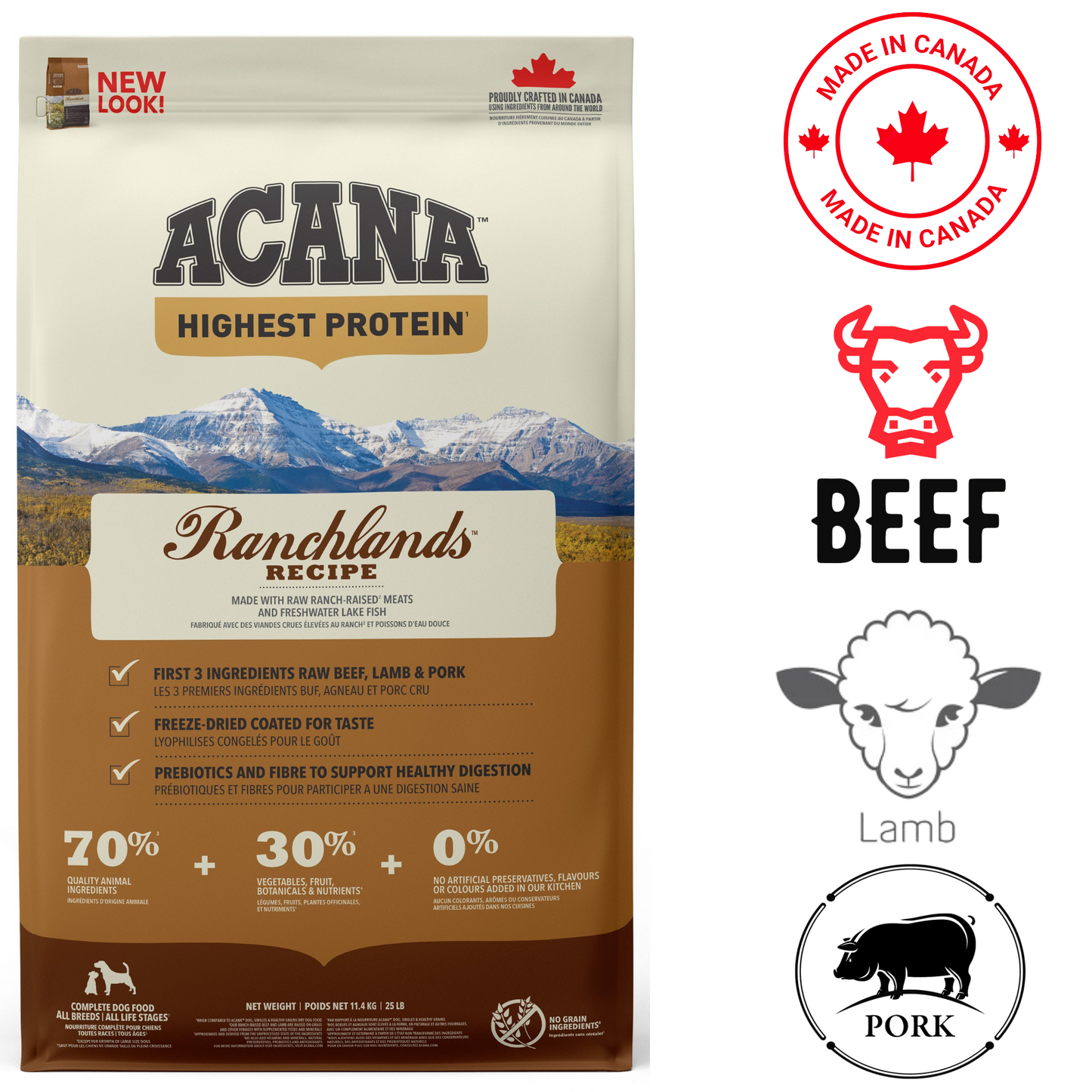 Acana Ranchlands adult dog food made with high-protein beef and lamb for healthy digestion