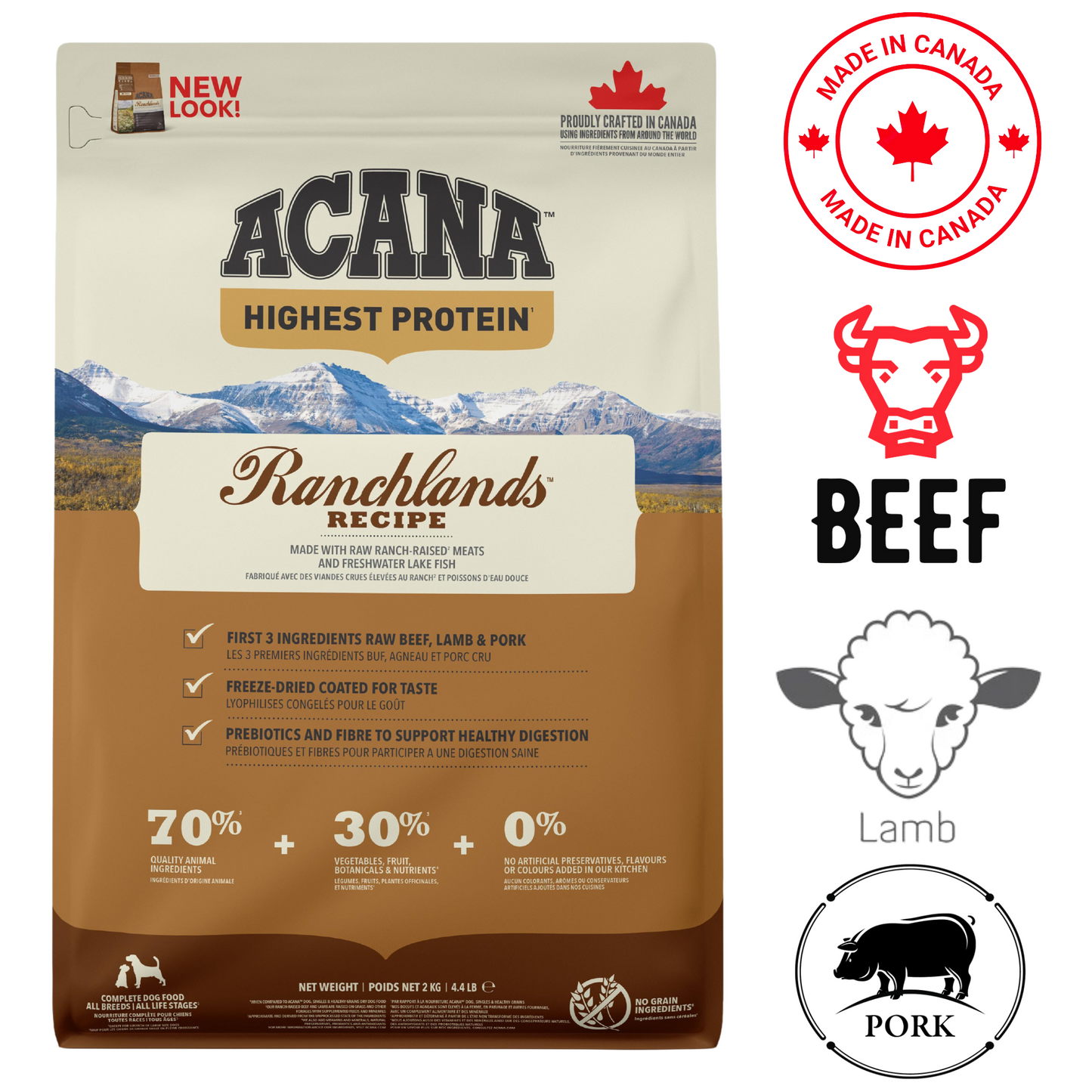 Acana Ranchlands adult dog food featuring high protein formula with beef, lamb, and pork for optimal health
