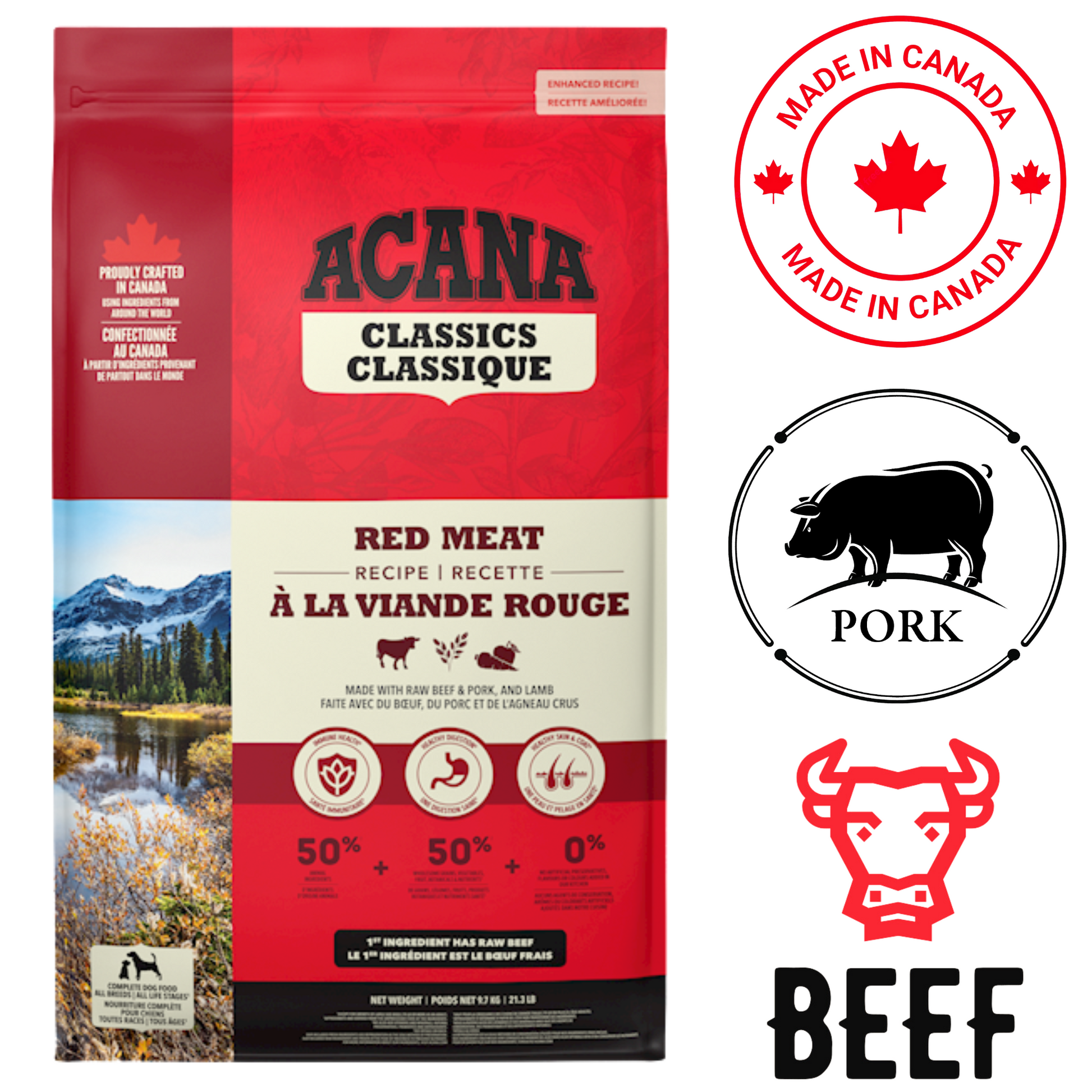 Acana Red Meat Dog Food featuring a blend of beef and pork for balanced canine nutrition