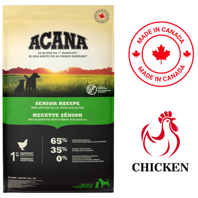 Acana senior chicken dry dog food in a 25 lb bag featuring real chicken and made in Canada