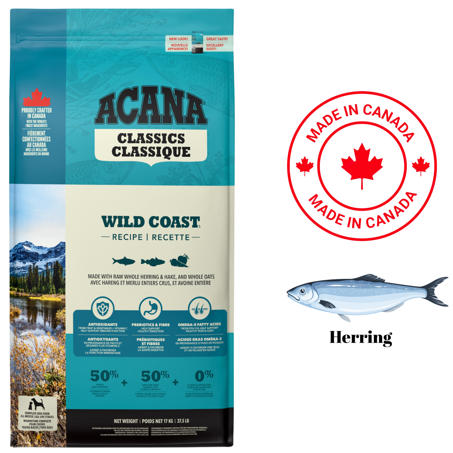 Acana Wild Coast dog food made with herring for optimal nutrition and balanced ingredients