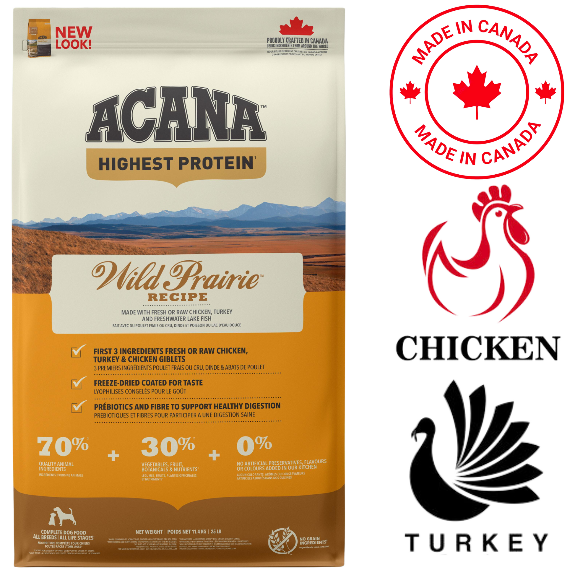 Acana Wild Prairie adult dog food bag with high protein content and made in Canada label
