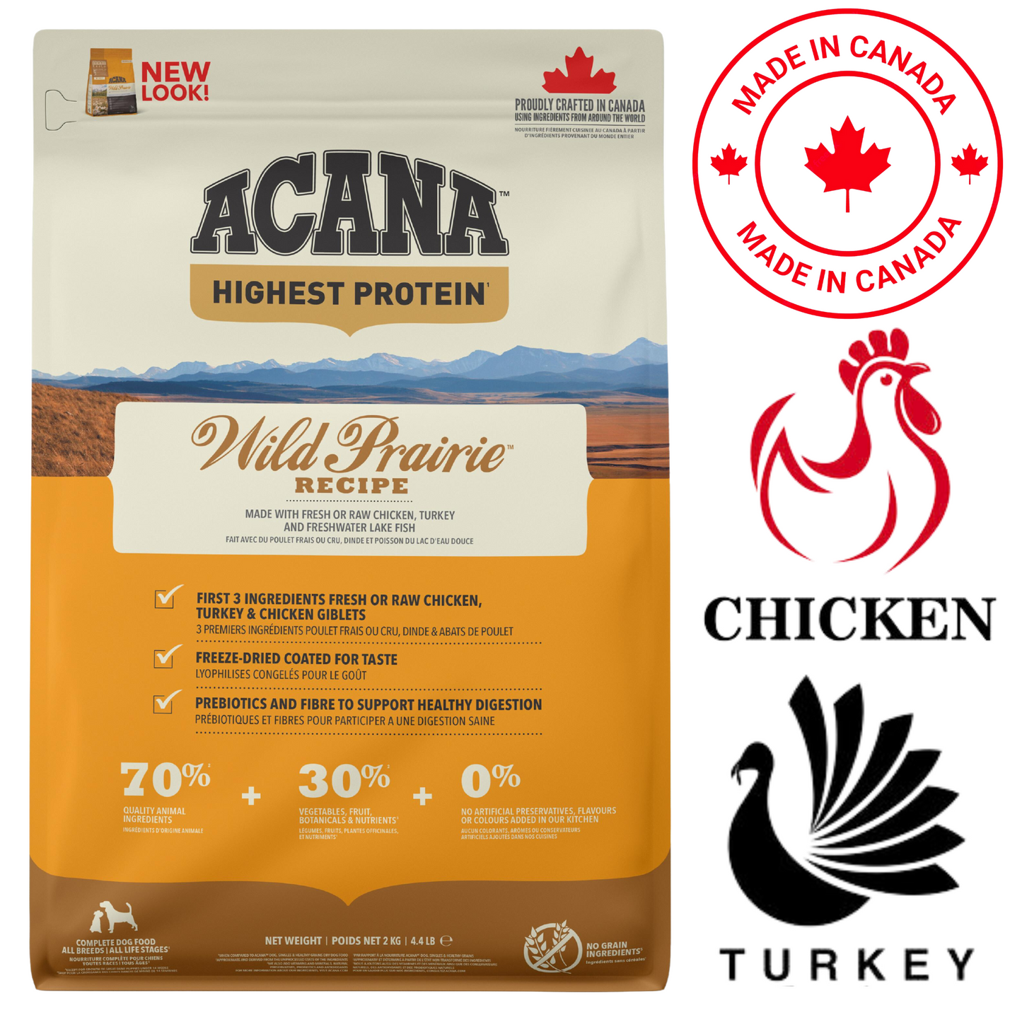 Acana Wild Prairie adult dog food featuring chicken and turkey, high protein, made in Canada