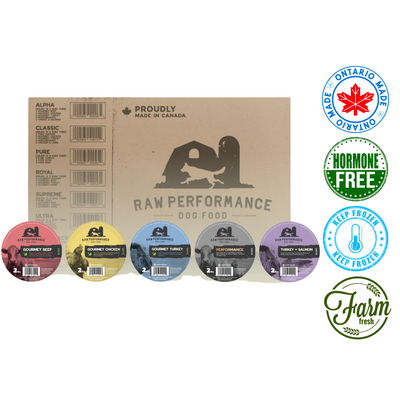 Alpha Raw Dog Food by Raw Performance with assorted flavors and hormone-free packaging