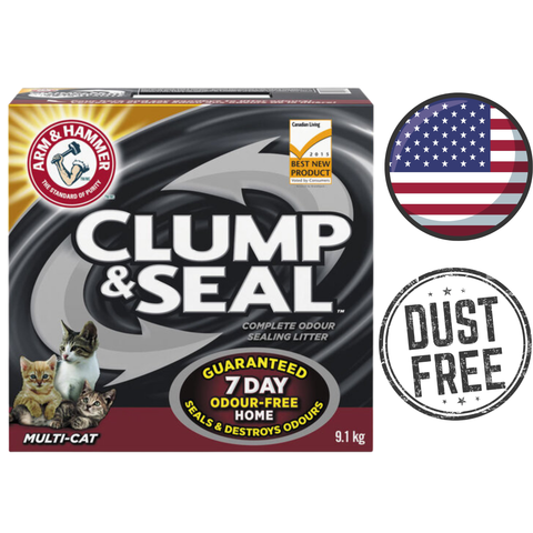 Arm and Hammer Clump and Seal multi cat litter box with three cats and dust free badge odor control cat litter 20 lb.