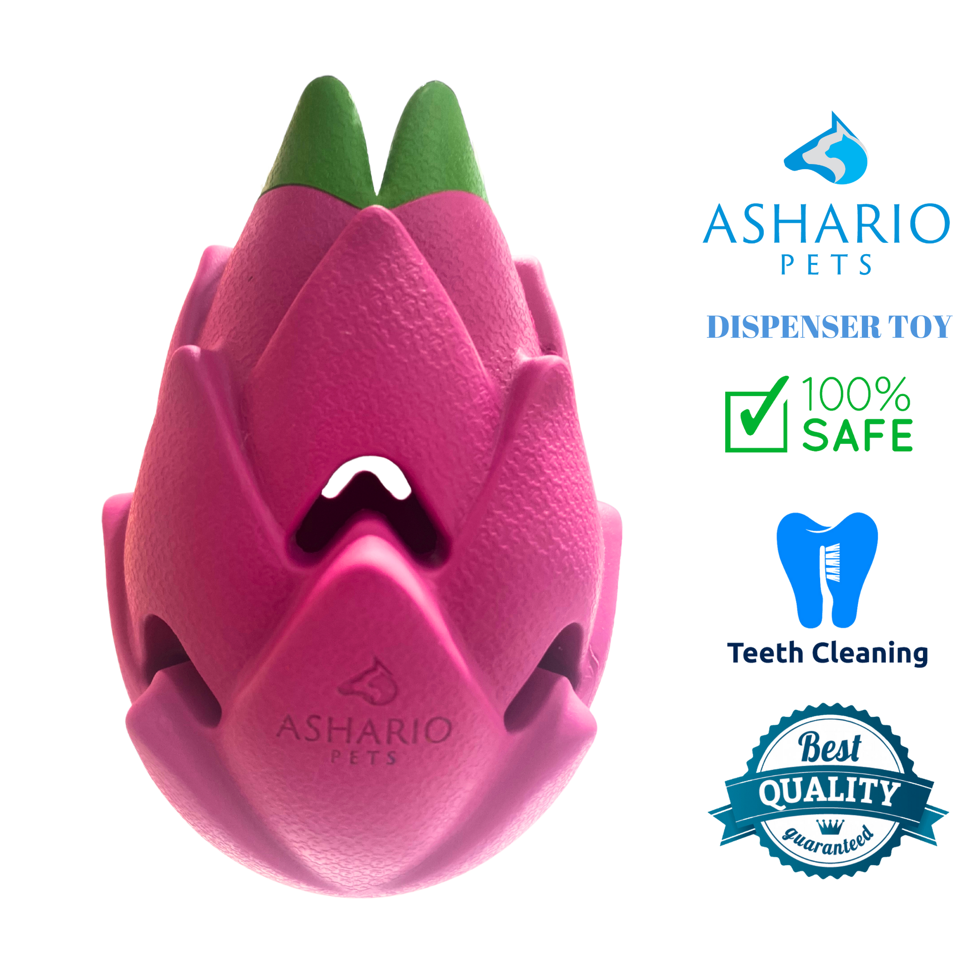 Ashario Pets Dragon Fruit Pet Dispenser Toy in pink with teeth cleaning feature for safe play