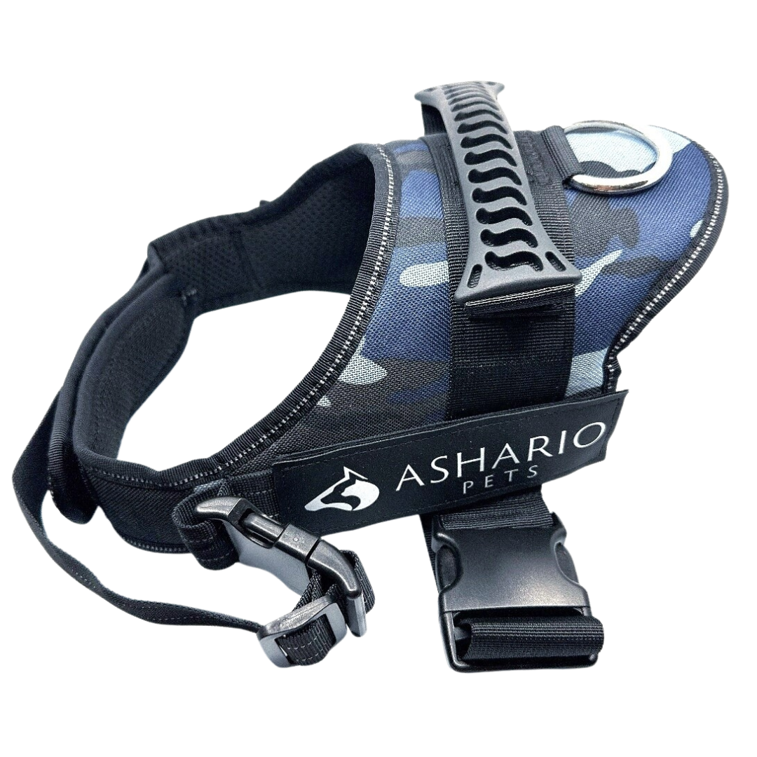 Ashario pets medium reflective no-pull dog harness in blue camouflage with sturdy handle and adjustable straps