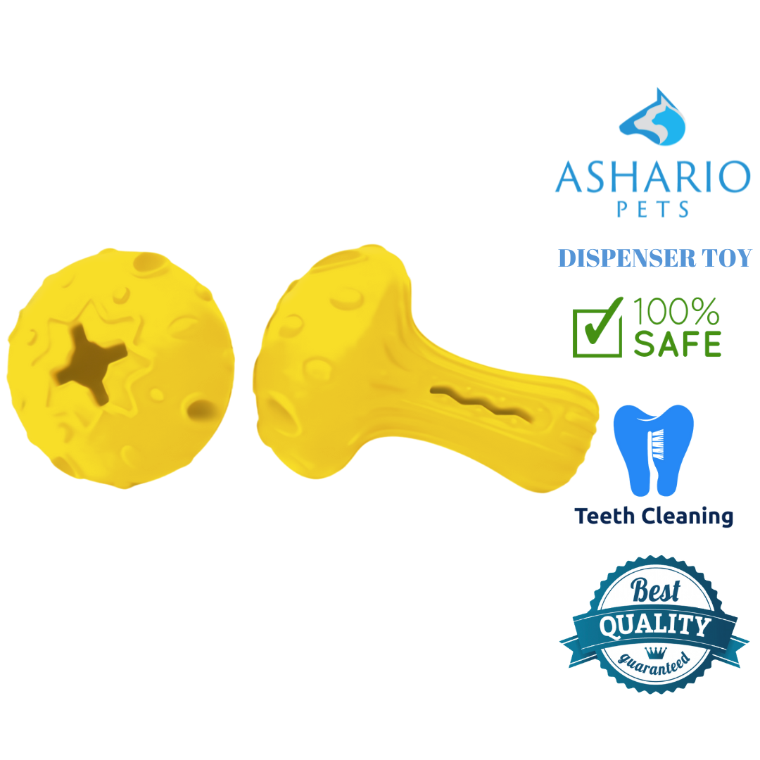 Ashario pets mushroom dispenser toy for pets in yellow with teeth cleaning benefits and safe material