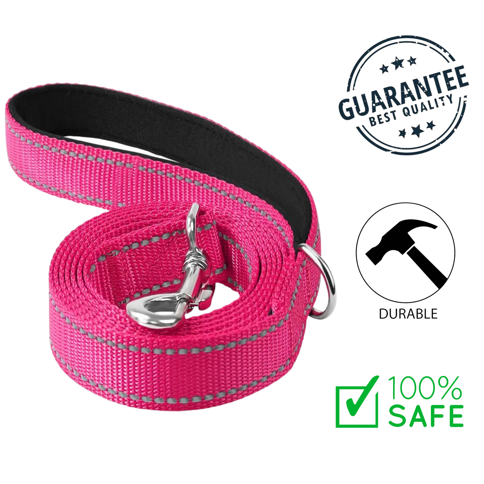 Ashario pets reflective small dog leash in pink with durable metal clip and padded handle