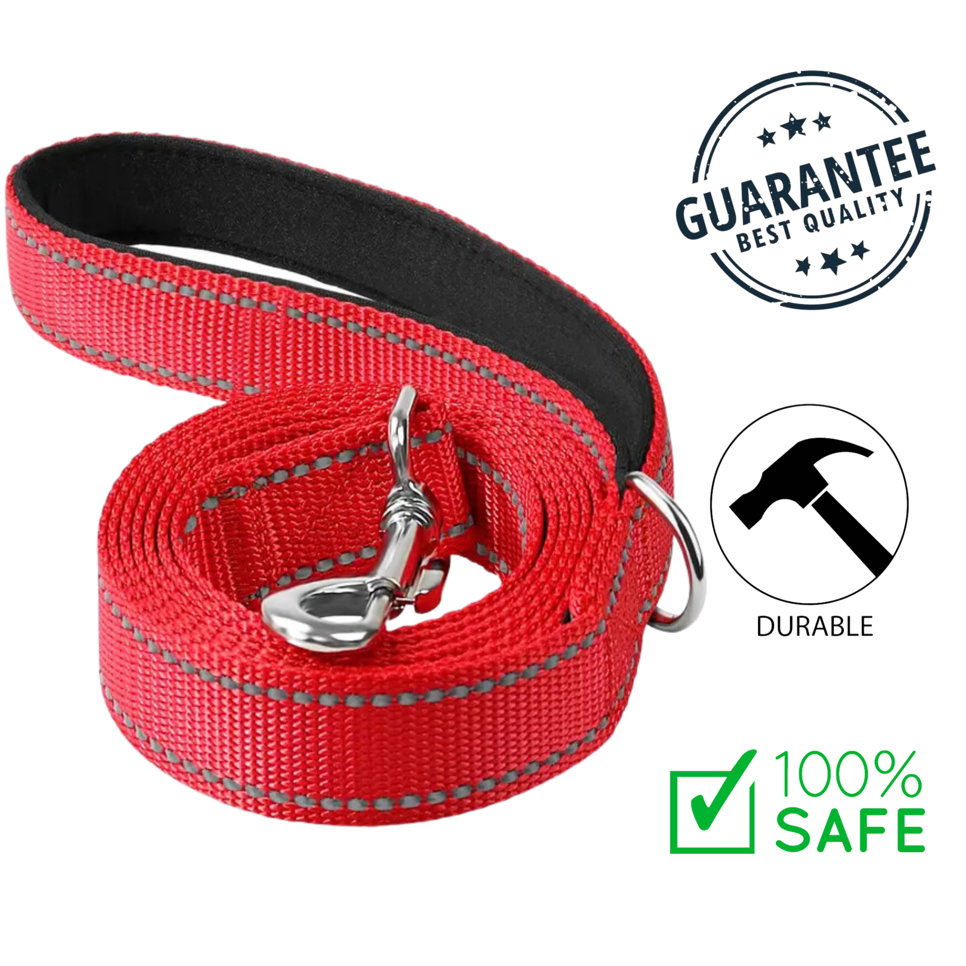 Ashario pets reflective small dog leash in red with durable metal clip and padded handle